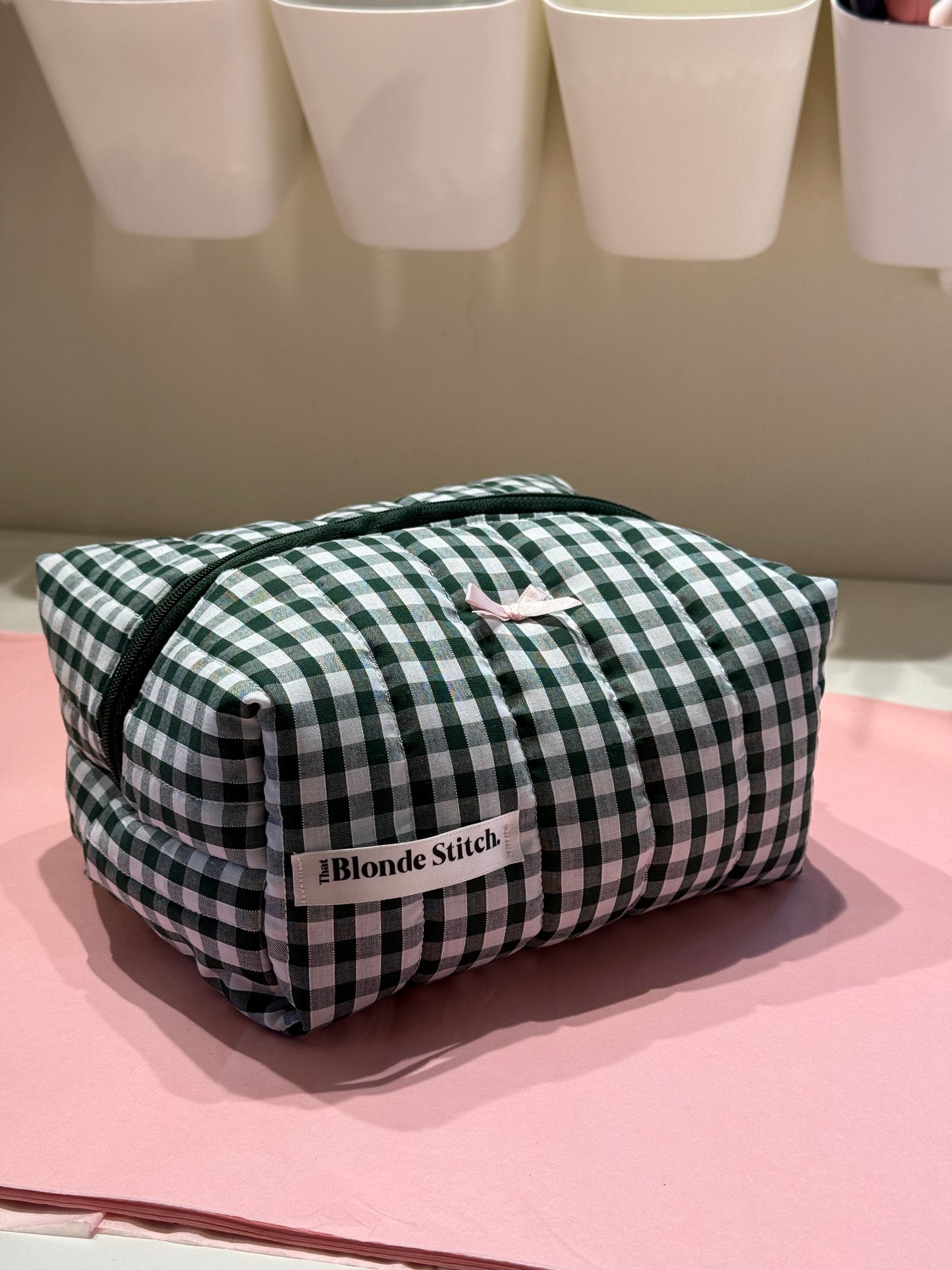 Quilted Makeup Bag - Forest Green Gingham