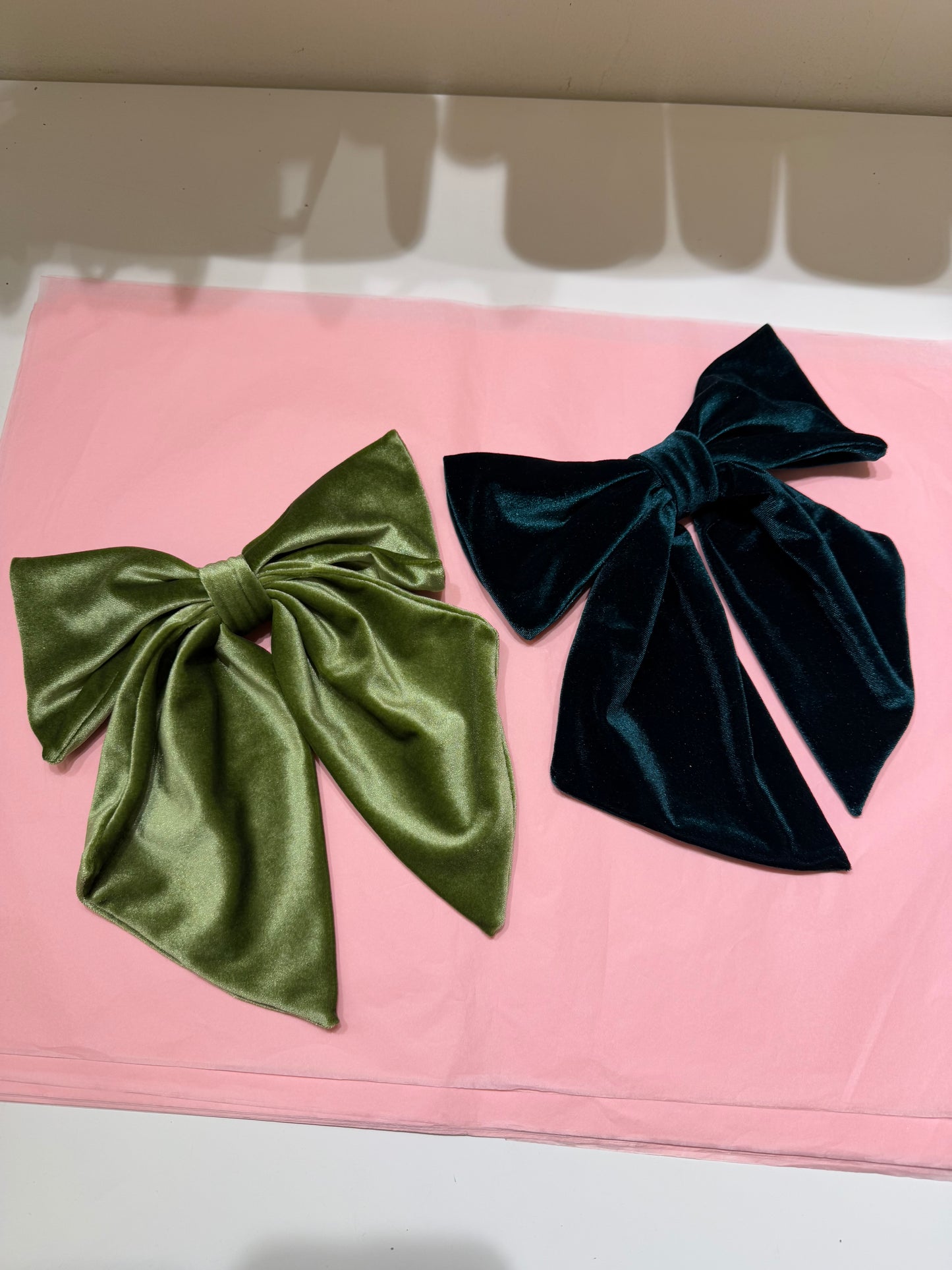 Velvet hair bows in olive & forest green SAMPLE