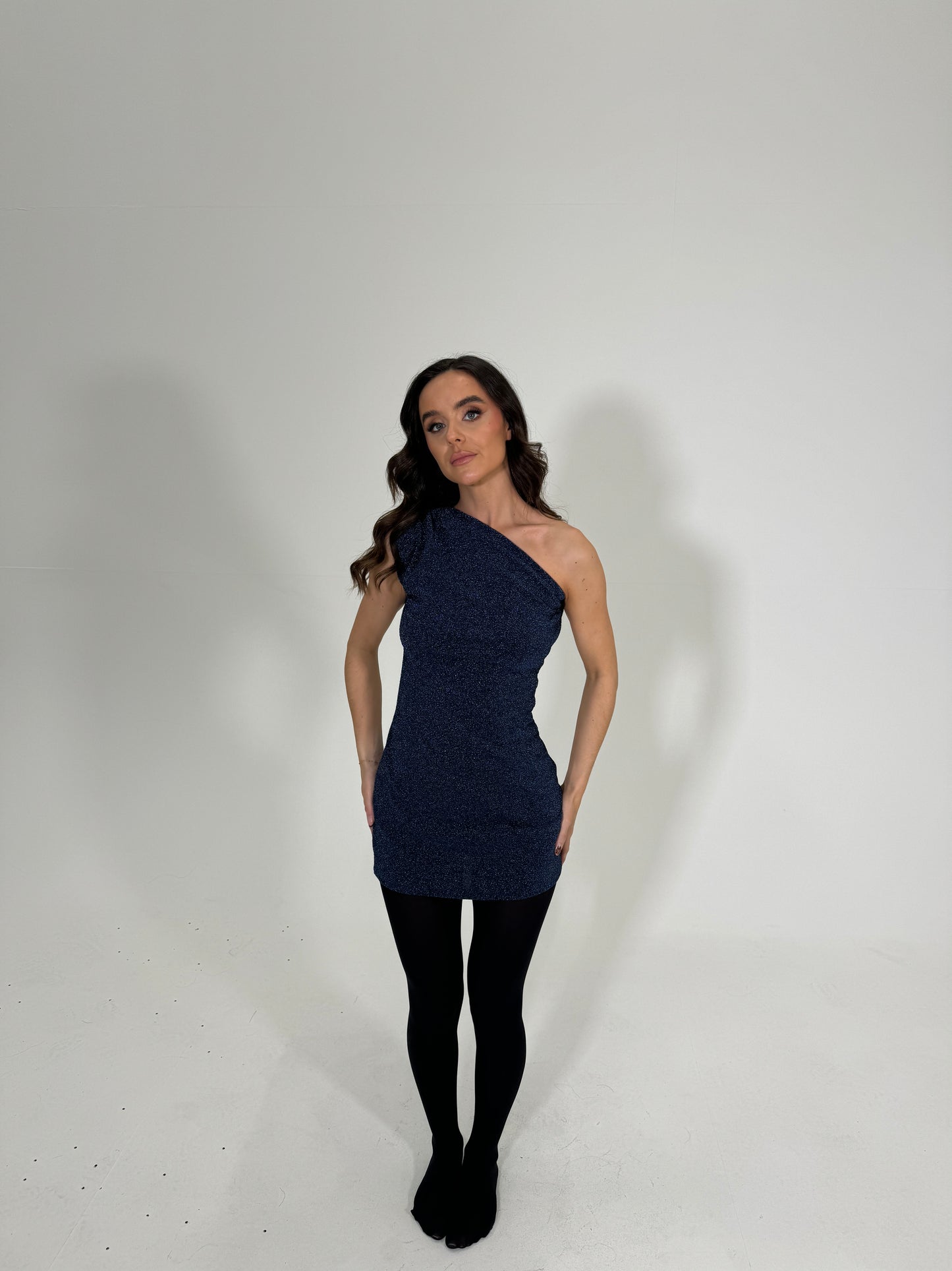 One shoulder mini dress navy glitter size small, petite SAMPLE