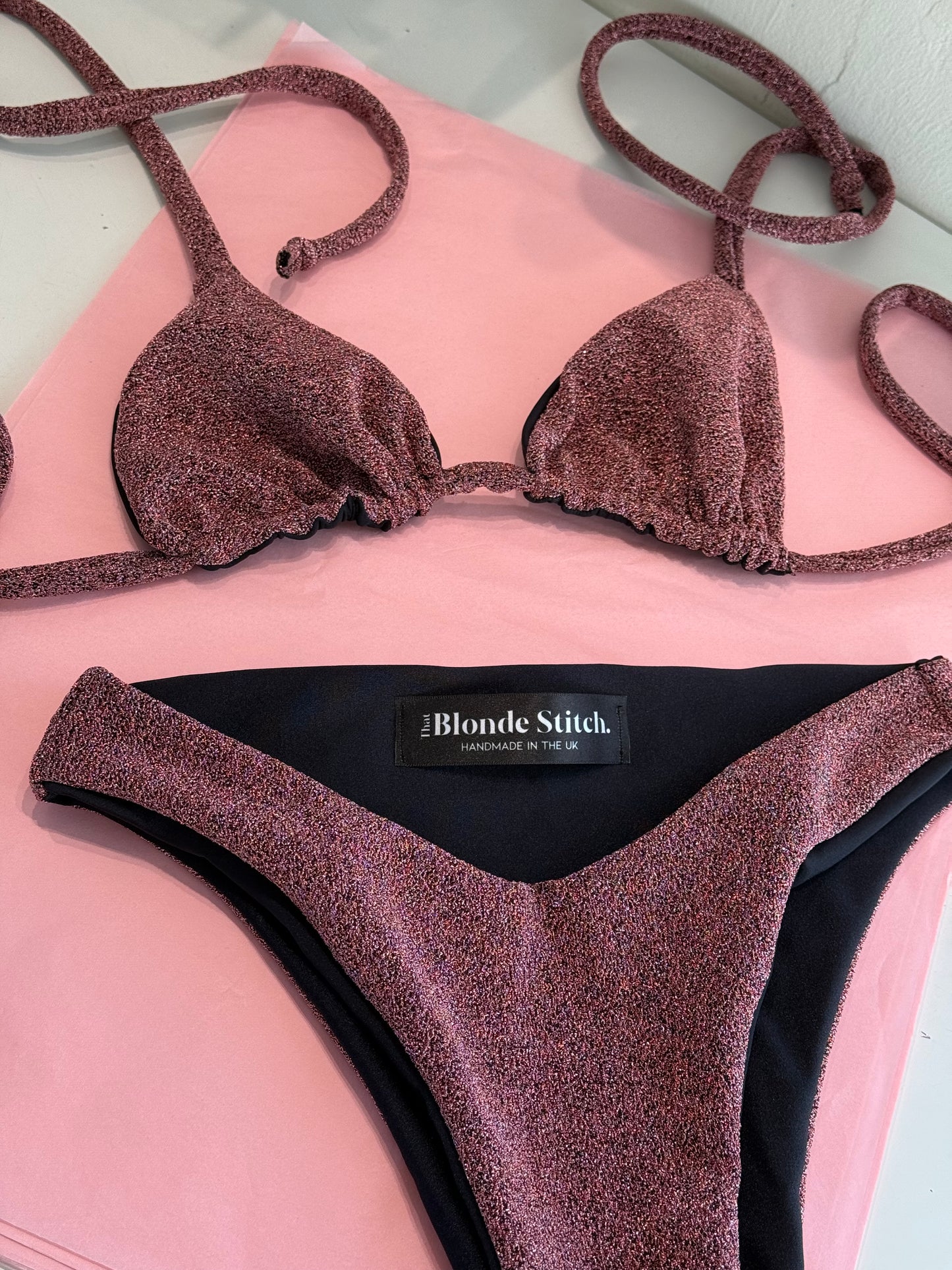 Triangle bikini set small top & medium bottoms in pink glitter SAMPLE
