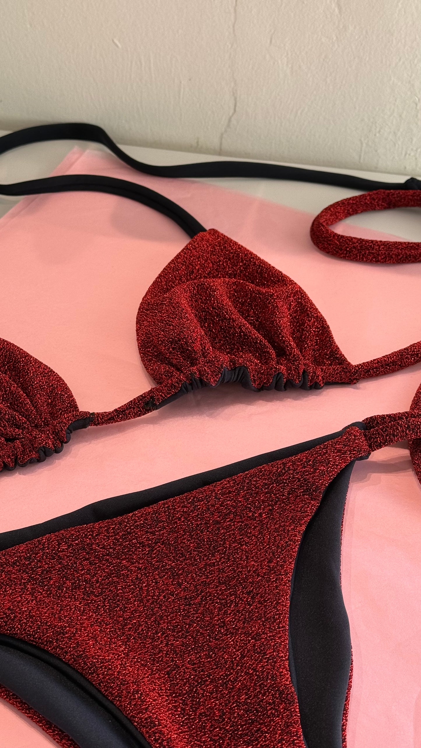Triangle bikini set S/M top & S bottoms in red glitter SAMPLE