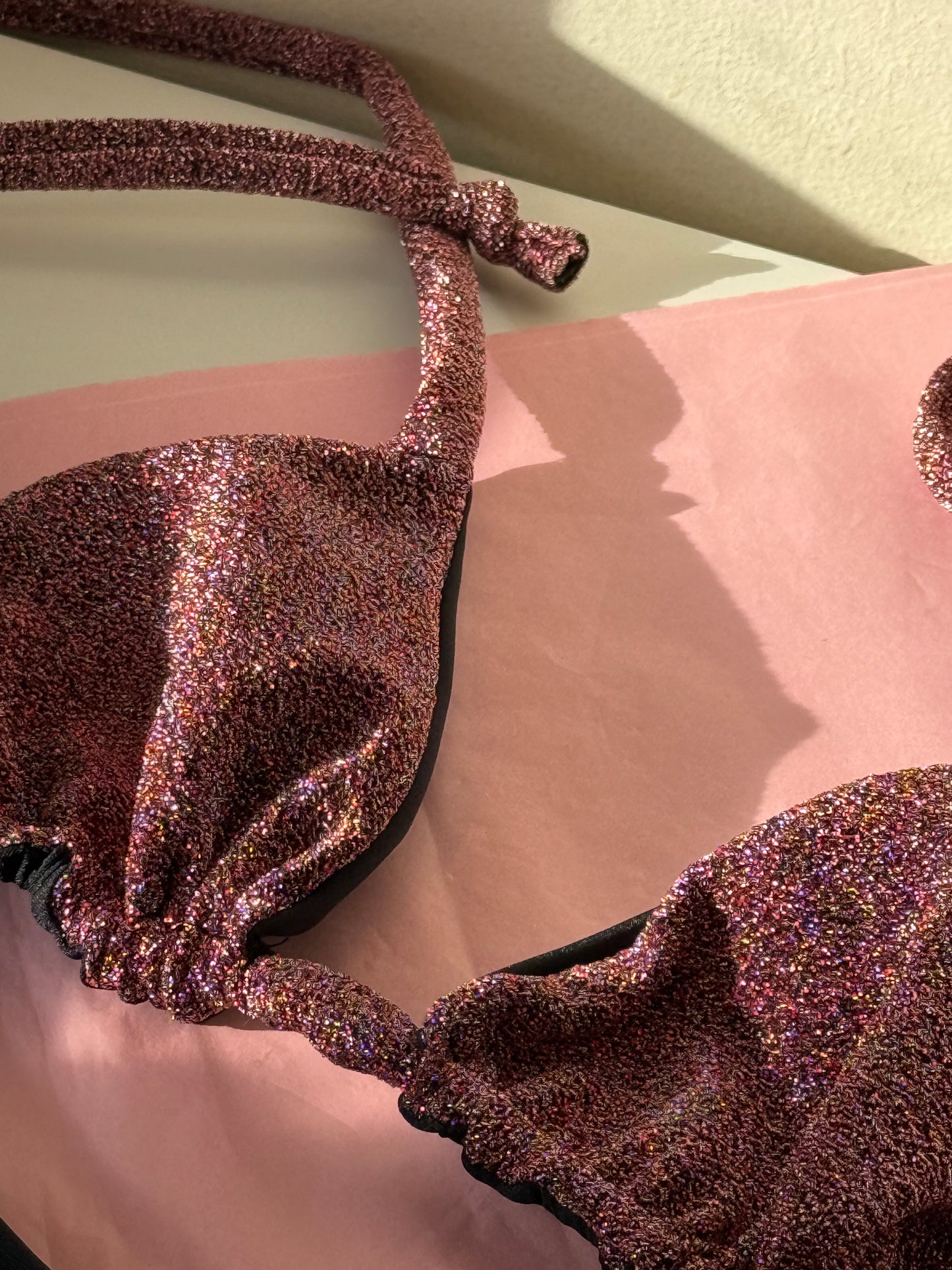 Triangle bikini set small top & medium bottoms in pink glitter SAMPLE