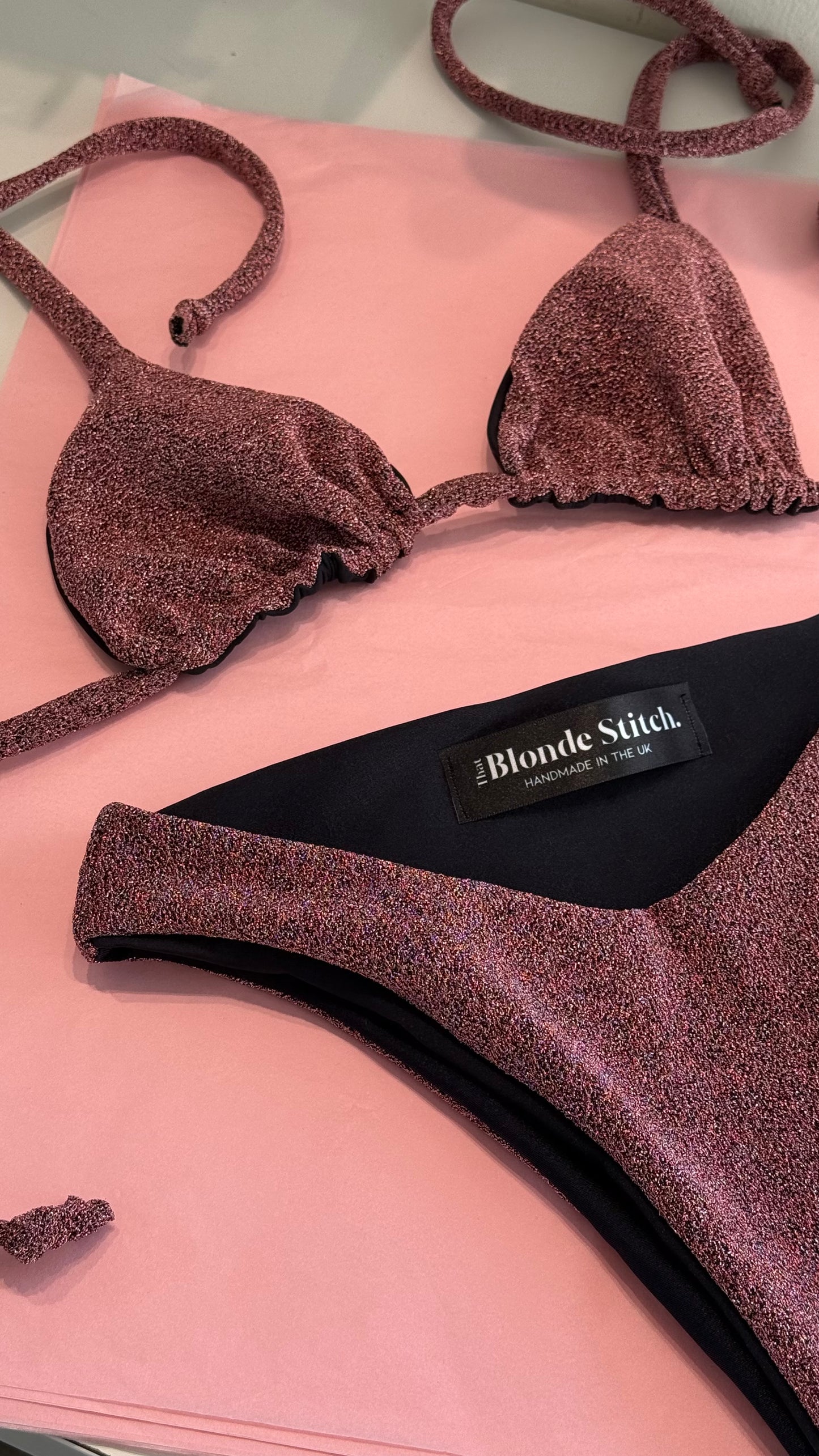 Triangle bikini set small top & medium bottoms in pink glitter SAMPLE