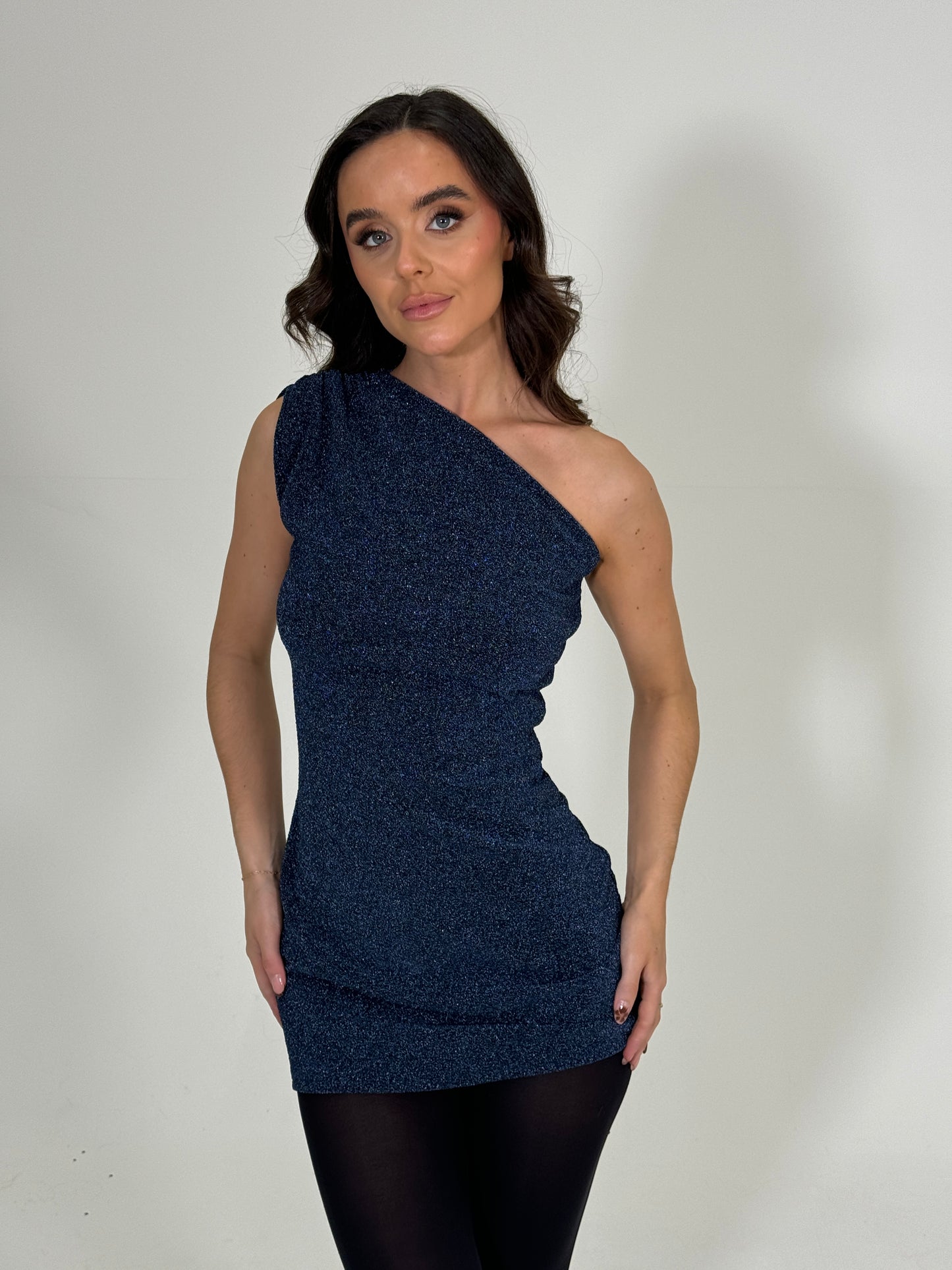 One shoulder mini dress navy glitter size small, petite SAMPLE