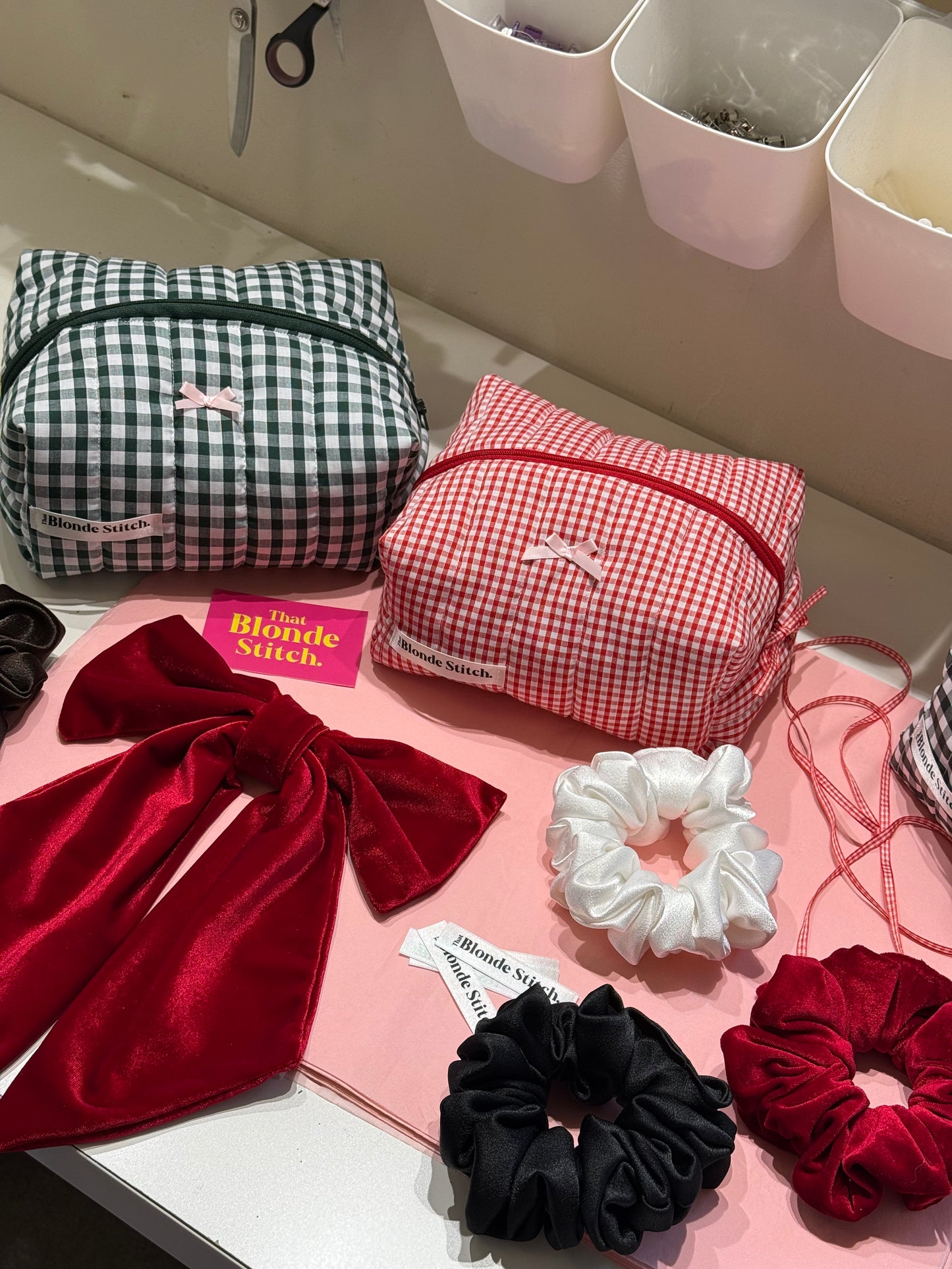 Quilted Makeup Bag - Forest Green Gingham