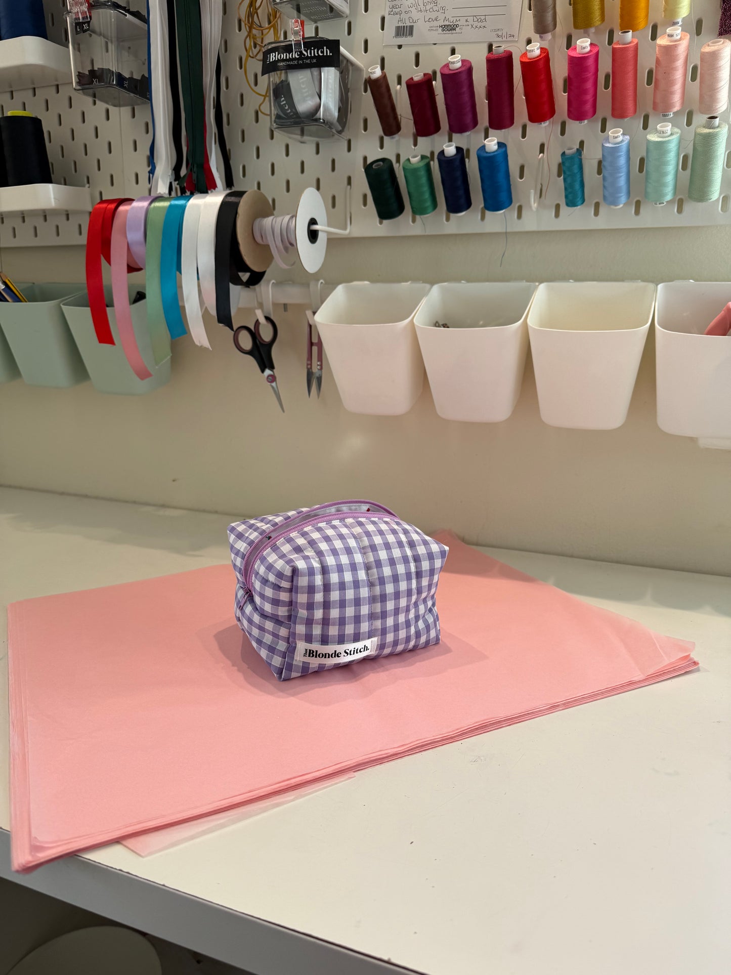 Quilted makeup bag - Purple gingham (small)