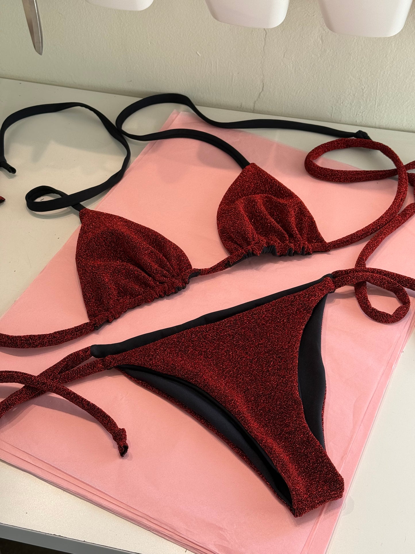 Triangle bikini set S/M top & S bottoms in red glitter SAMPLE