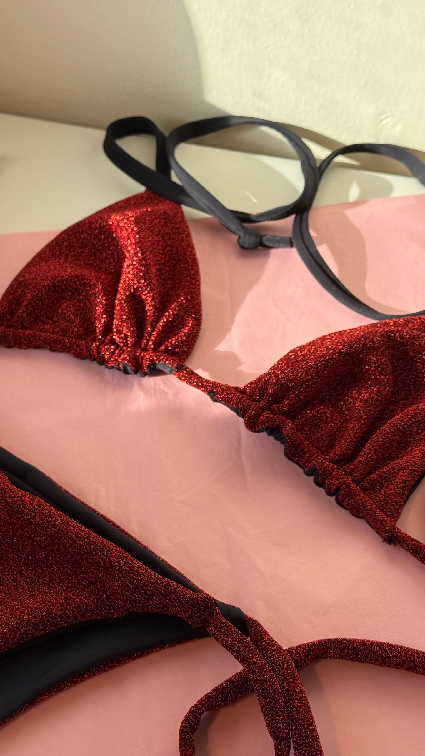 Triangle bikini set S/M top & S bottoms in red glitter SAMPLE