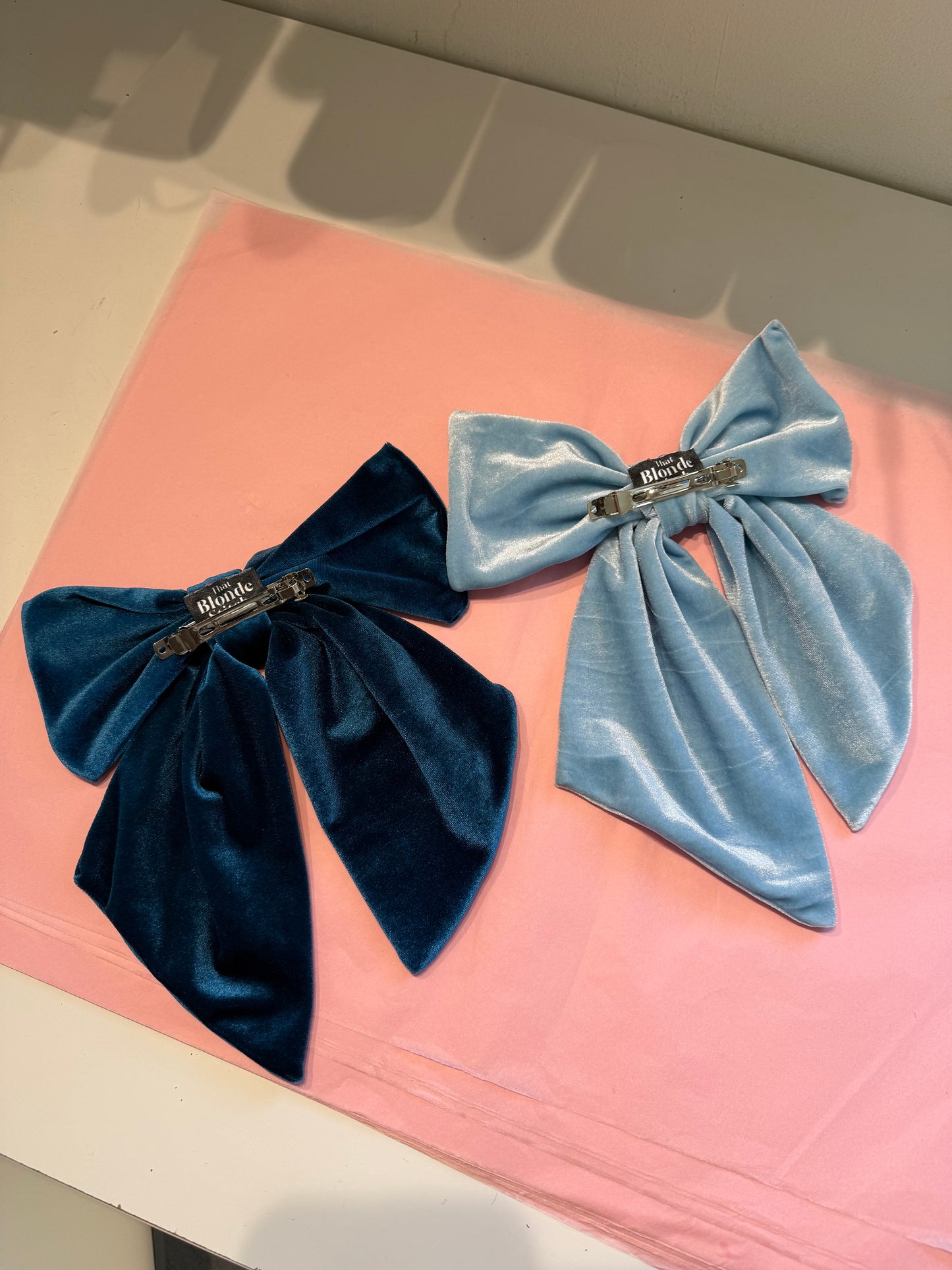 Velvet hair bows in teal & baby blue SAMPLE