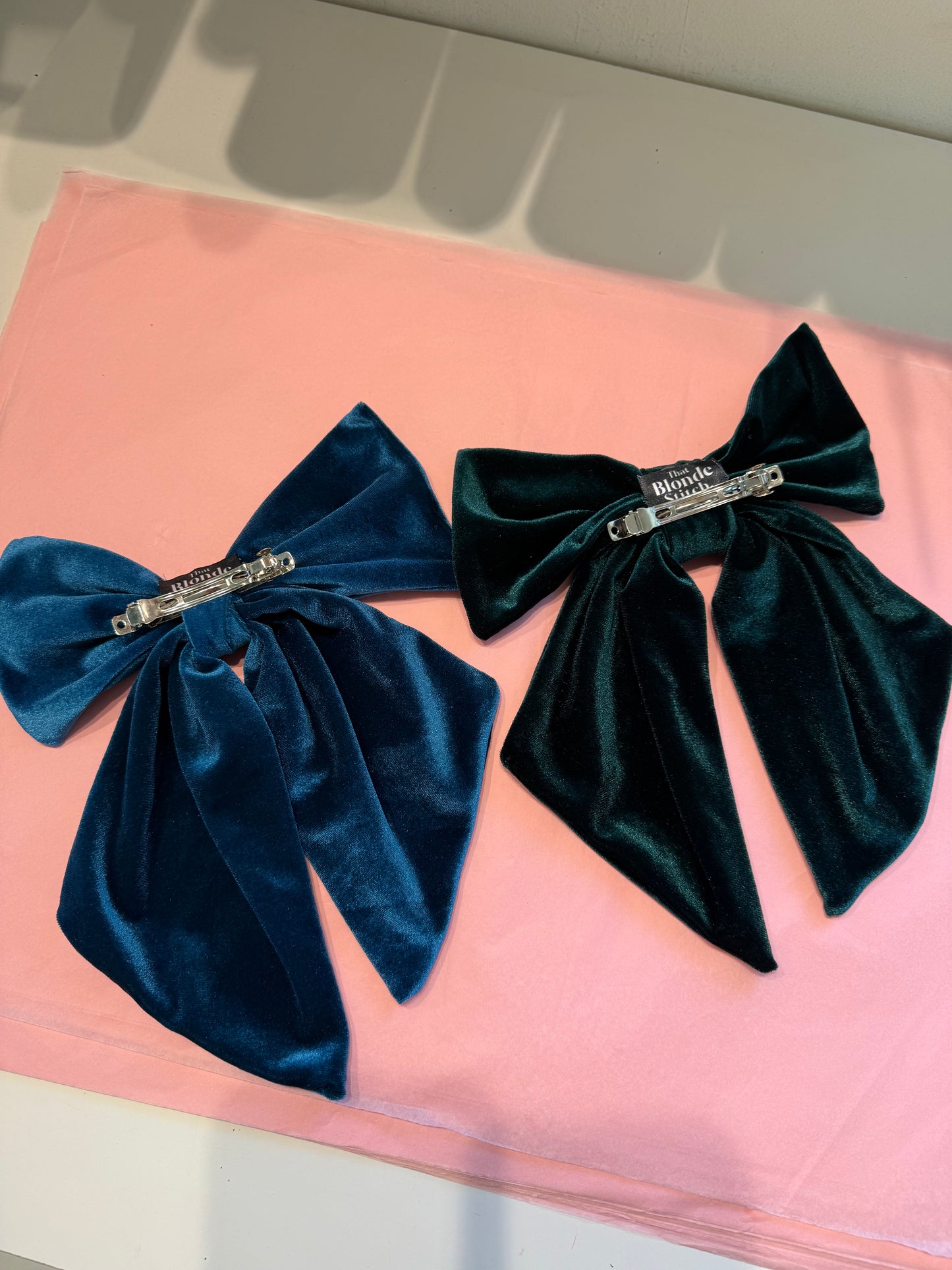 Velvet hair bows in teal & forest green SAMPLE