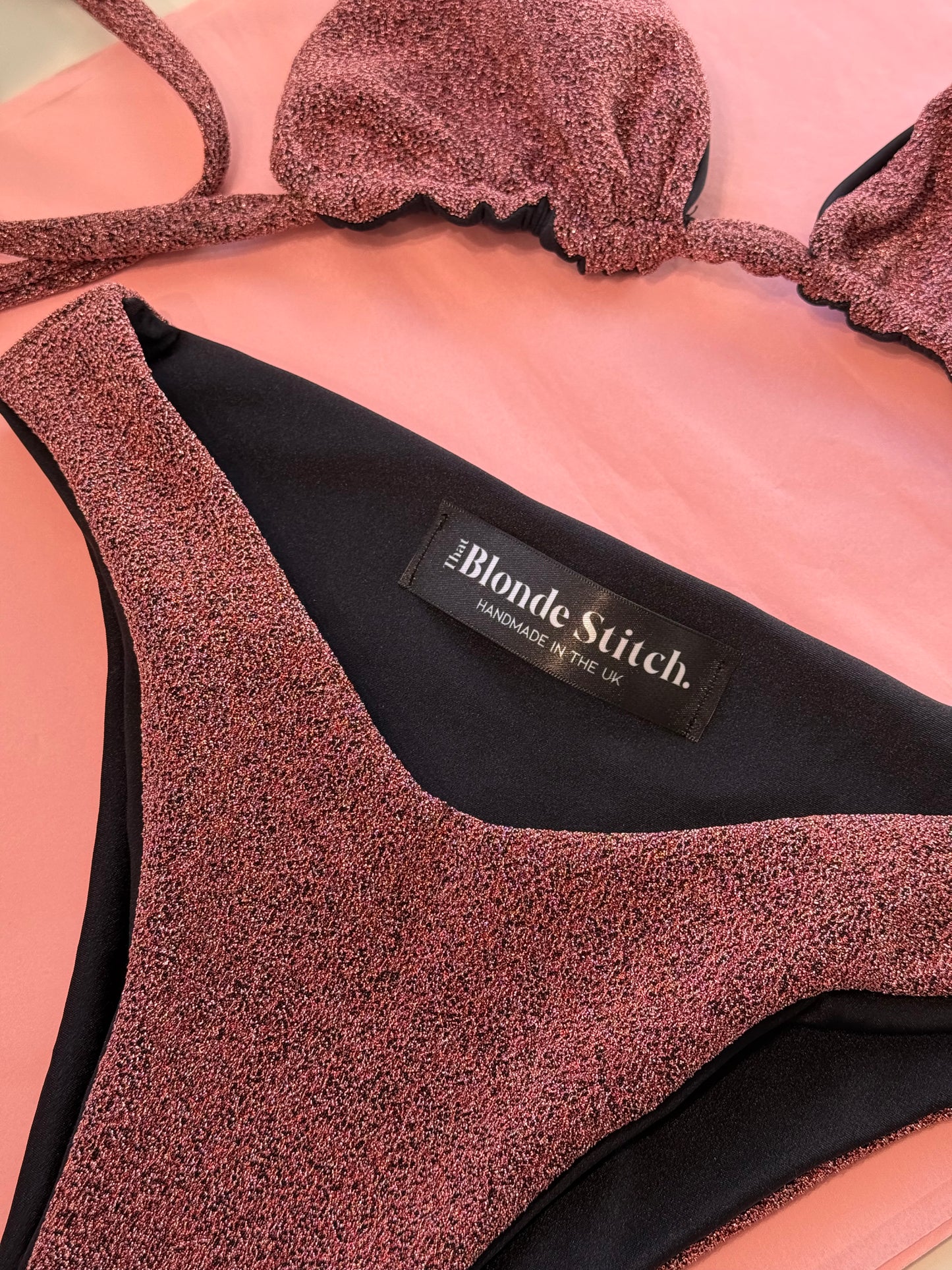 Triangle bikini set small top & medium bottoms in pink glitter SAMPLE