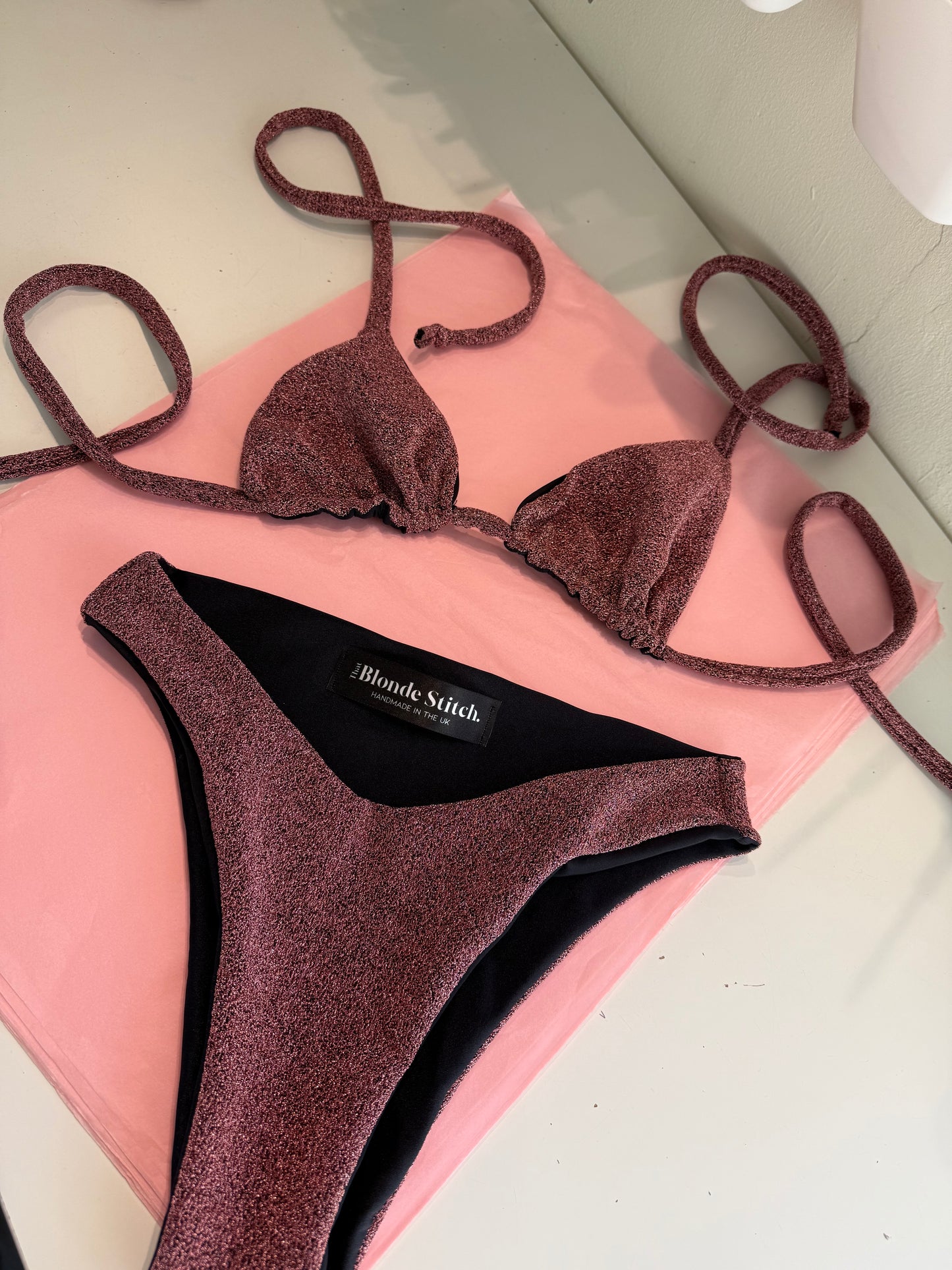 Triangle bikini set small top & medium bottoms in pink glitter SAMPLE