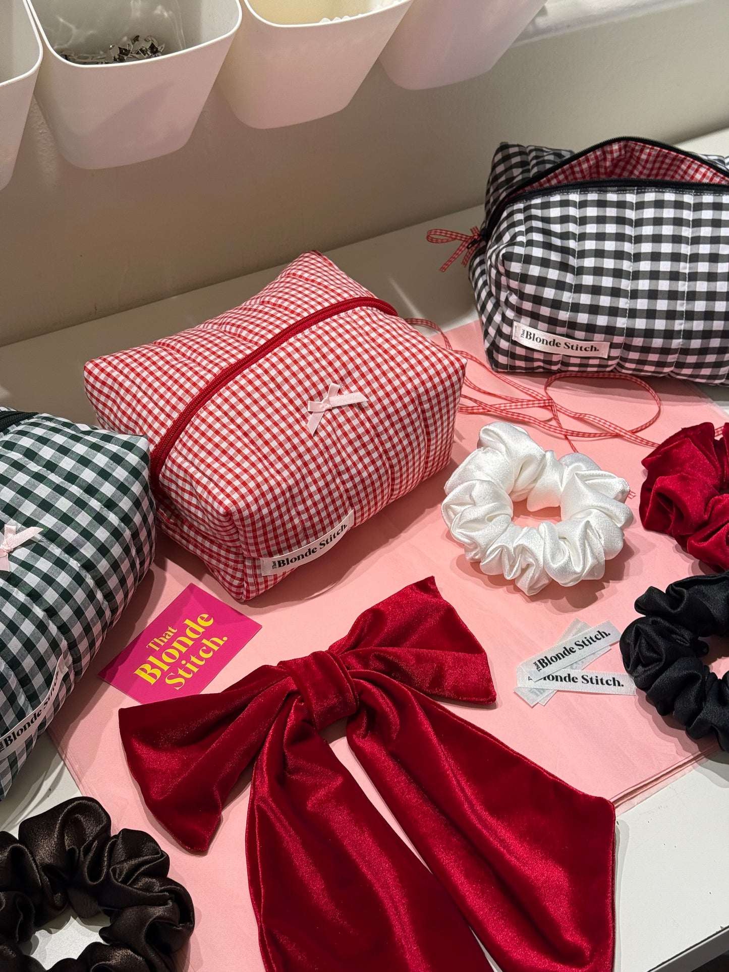 Quilted Makeup Bag - Forest Green Gingham