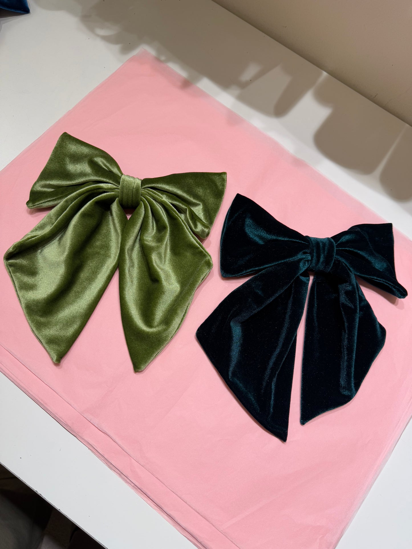Velvet hair bows in olive & forest green SAMPLE