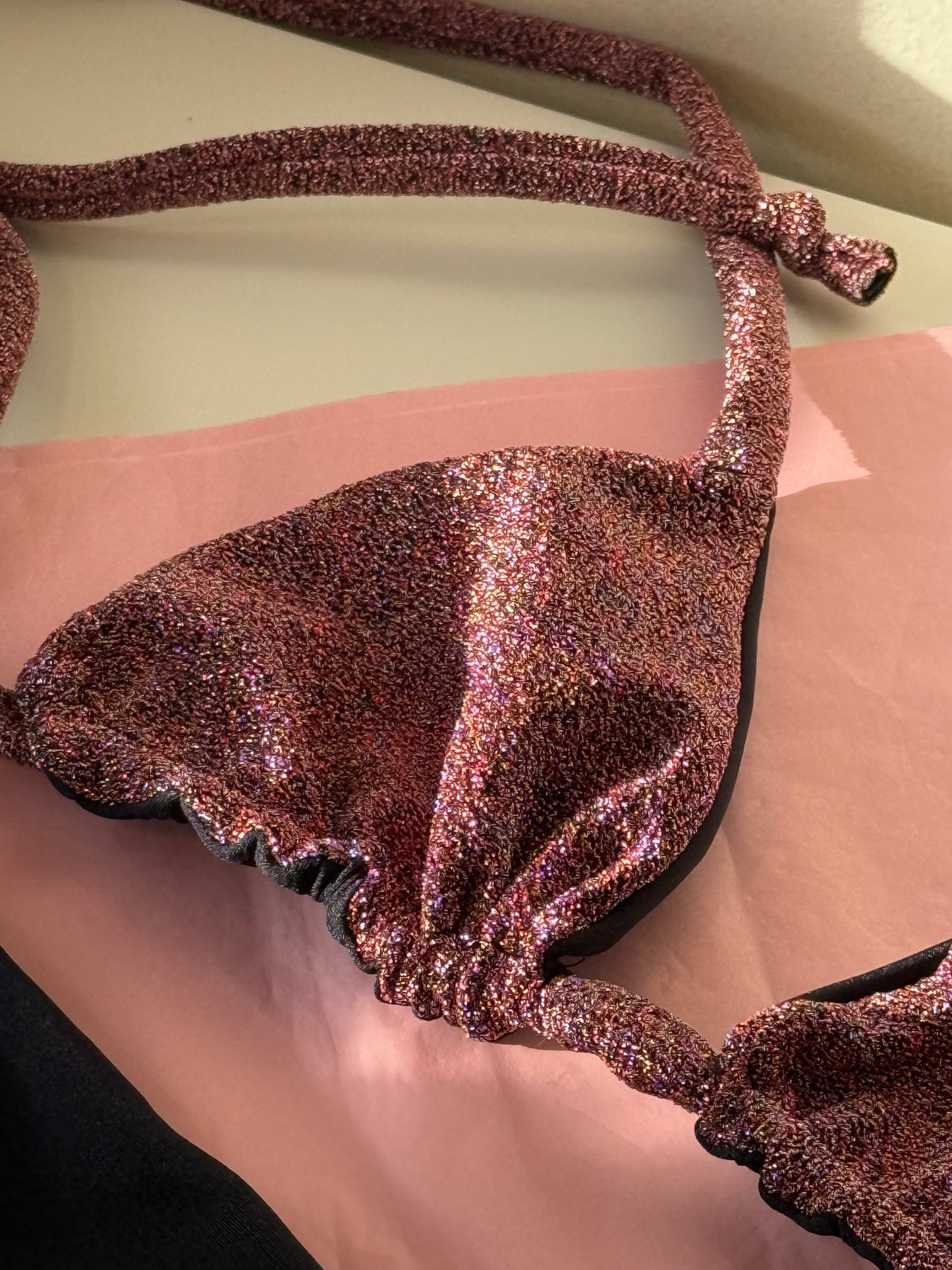 Triangle bikini set small top & medium bottoms in pink glitter SAMPLE