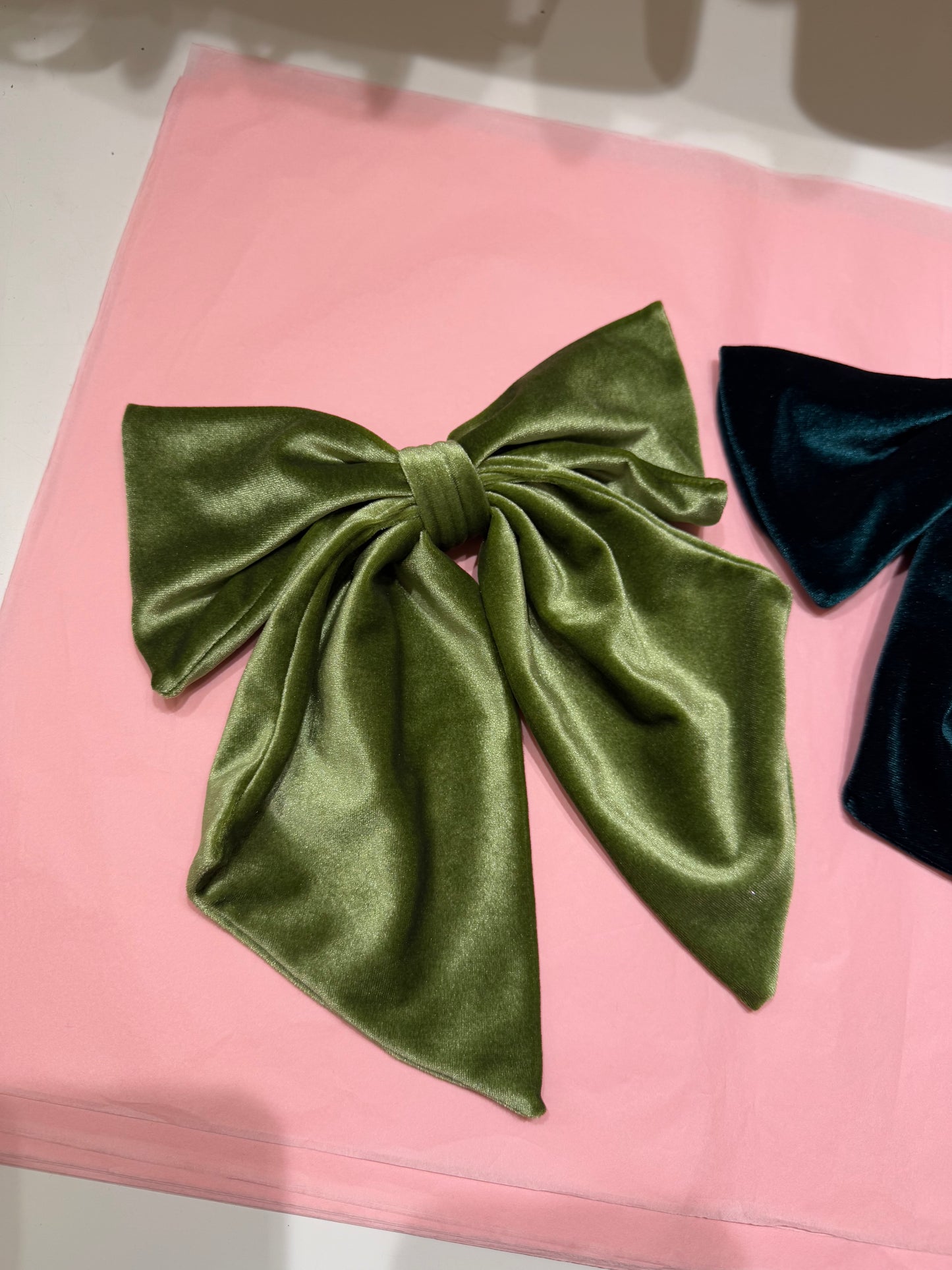 Velvet hair bows in olive & forest green SAMPLE