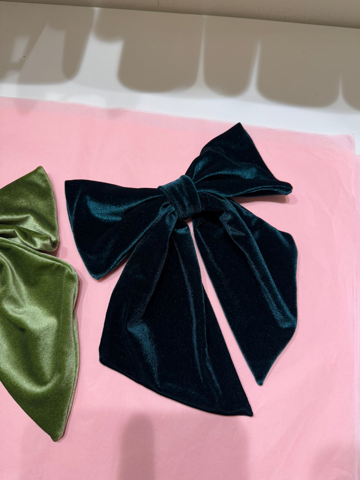 Velvet hair bows in olive & forest green SAMPLE