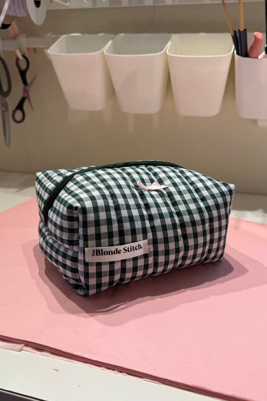 Quilted Makeup Bag - Forest Green Gingham