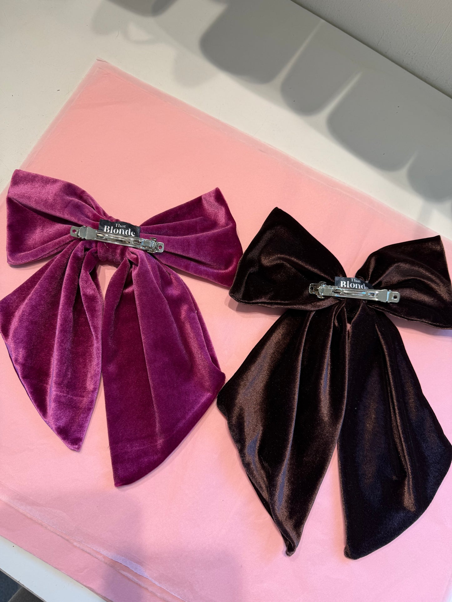 Velvet hair bows in Magenta pink & chocolate SAMPLE
