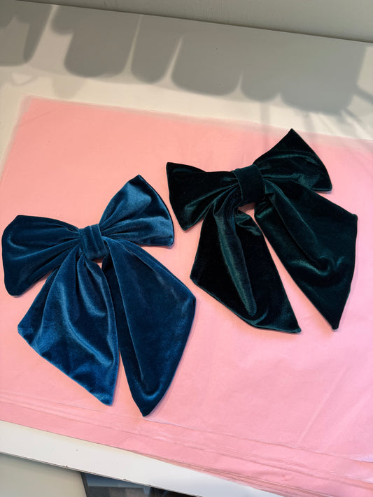 Velvet hair bows in teal & forest green SAMPLE